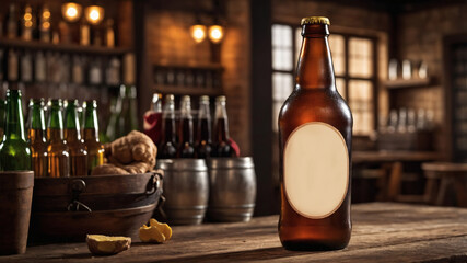 Beer bottle with blank label on rustic bar top.  Perfect for your brewery or pub designs.