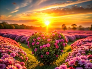 Fototapeta premium Golden Hour Pink Flowers Heart Bush Field Sunset Photography