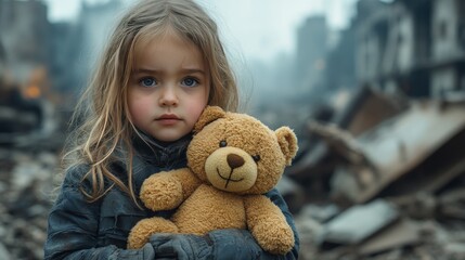 Sad little girl holding teddy bear amidst war ruins.
