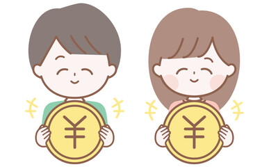 笑顔でお金を持つ男女のイラスト