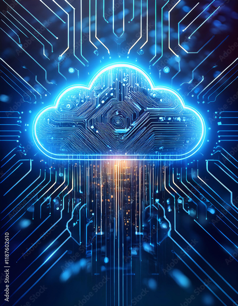 Poster a glowing blue cloud with data streams flowing from it, set against a backdrop of circuit boards and