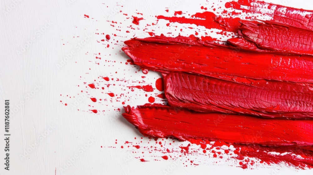 Poster vibrant red paint strokes overlap and splatter across a white background, showcasing creativity and 