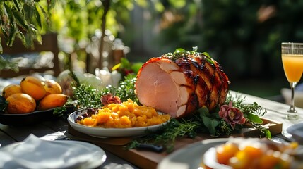 Christmas ham with mango chutney served on a table outdoors