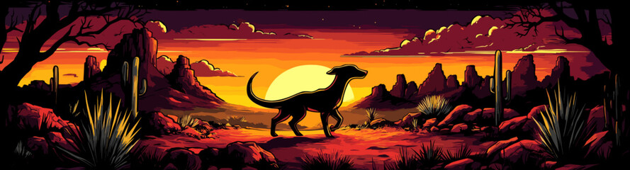 Fototapeta premium Majestic Desert Landscape at Dusk with Silhouette of Dog Against Sunlit Sky and Rocky Terrain Featuring Cacti and Vibrant Sunset Colors in a Serene Setting