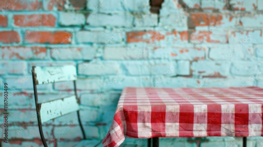 Poster an inviting empty table covered with a red checkered tablecloth sits next to a rustic blue brick wal