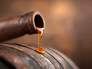 A close-up of a wooden barrel with liquid dripping from its spout, highlighting textures and warm...