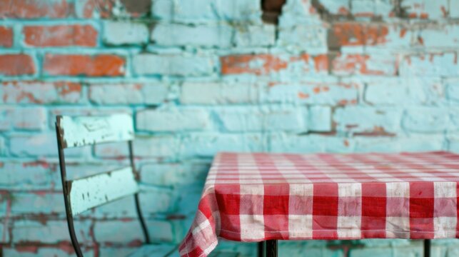 An inviting empty table covered with a red checkered tablecloth sits next to a rustic blue brick wall, suggesting a quiet cafe atmosphere