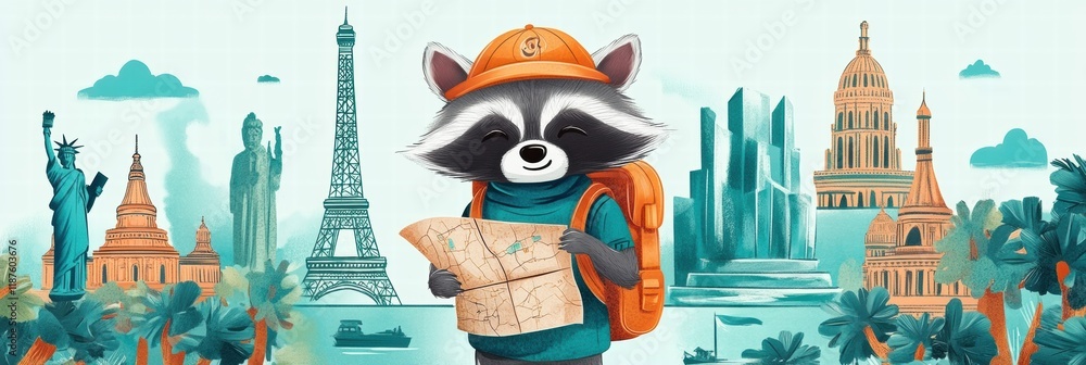 Poster raccoon explorer with backpack and map in front of famous world landmarks during a global adventure.