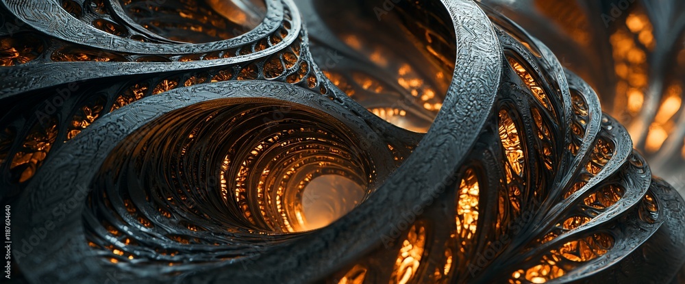 Poster abstract swirling metal structure with glowing orange inner core.