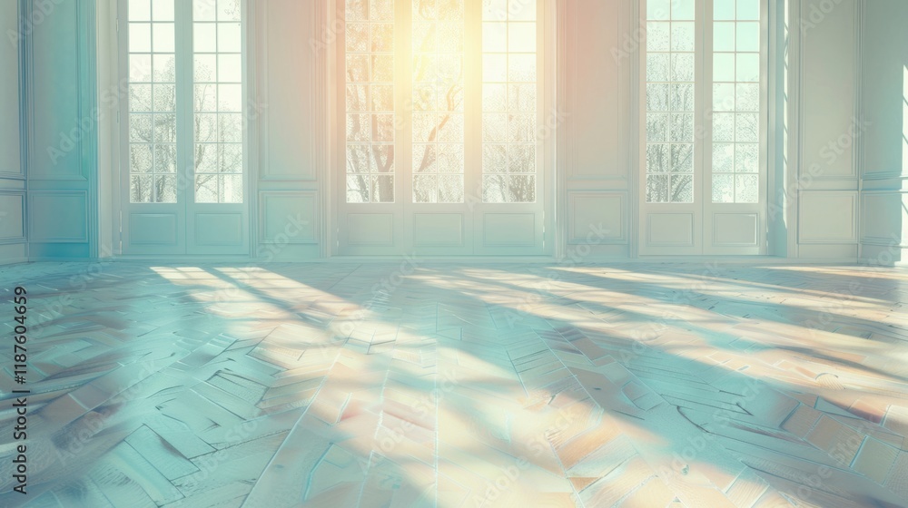 Poster bright and airy room illuminated by sunlight streaming through large windows, creating a warm atmosp