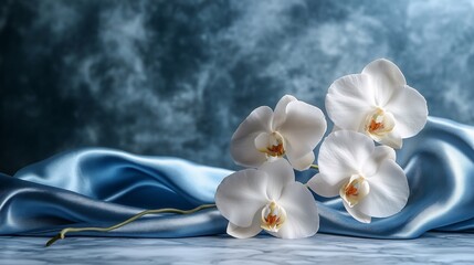 Elegant white orchids on blue silk fabric. (2)