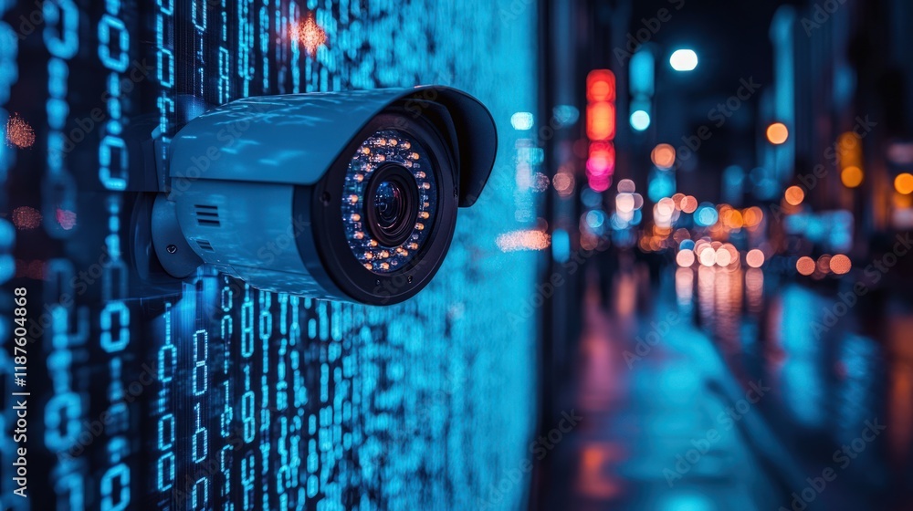 Aufkleber security camera on wall with binary code at night.