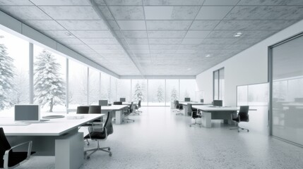 Fototapeta premium Modern Winter-Themed Office Space with Artistic Decor and White Desk