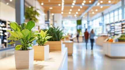 Fototapeta premium Modern retail store with plants and bright lighting