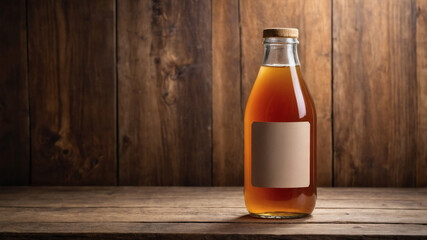 Amber liquid in a glass bottle with a blank label, set against a rustic wooden backdrop.