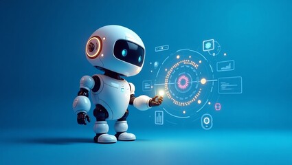 A cute futuristic robot interacting with a glowing digital data interface on a vibrant blue background. The robot has a sleek design with friendly features, surrounded by interactive data panels and g