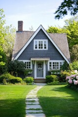 A charming gray cottage nestled amidst lush greenery and vibrant flowers basks in the warm sunlight of a peaceful neighborhood. It's a picturesque scene that invites tranquility and a sense of home