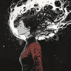 Woman with Flowing Hair in Artistic Illustration