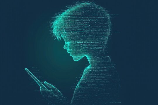 Child formed by data code using mobile phone in futuristic digital world