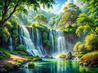 Obraz premium Majestic Waterfall Watercolor Painting, Lush Forest Landscape, Green Nature, Wall Art, Background, Wallpaper, High-Resolution Image