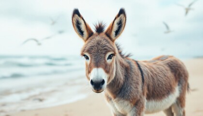 Adorable Donkey on a Beach, Looking Directly at the Camera