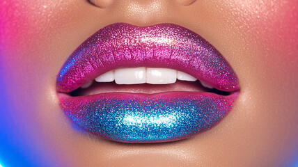 Obraz premium Vibrant glitter lips under colorful lighting. 