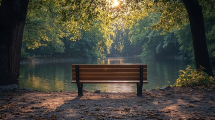 Serene park bench by calm lake at sunrise.