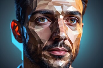 Portrait of a low Poly bearded senior man with serious expression in close-up