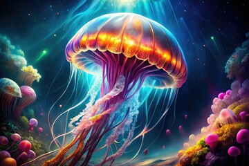 Obraz premium Giant Jellyfish Double Exposure in Dark Deep Sea, Surreal Aquatic Photography, Stunning Underwater Scene