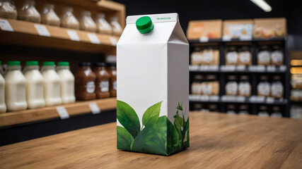 A carton of plant-based beverage sits on a wooden counter in a grocery store.  The packaging features a green leaf design.