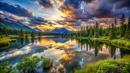 Fototapeta premium Glacial Lake Scenery, Wild Nature, Low Light Landscape