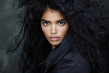 Fototapeta premium Pretty calm mixed-race girl - for ads, marketing material and internet use. Commercial digital ads idea. Long hairdo - beach waves hair. Black woman glamour. Colored hair advertising styles.