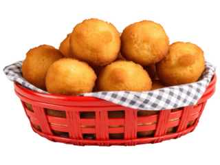 Hush puppies, crispy golden brown fried cornbread balls, in red basket with gingham liner, isolated on transparent background
