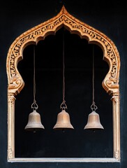 Obraz premium Ornate archway, three bells hanging, dark background, Asian temple, spiritual