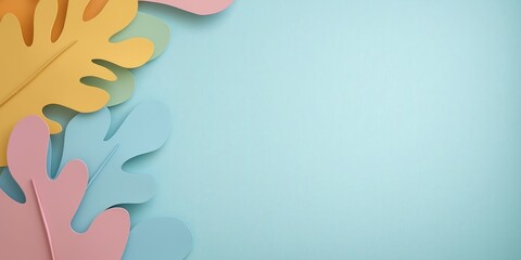 A delightful arrangement of colorful paper leaves against a soft blue background evokes feelings of playfulness and creativity, perfect for seasonal decorations or crafts.