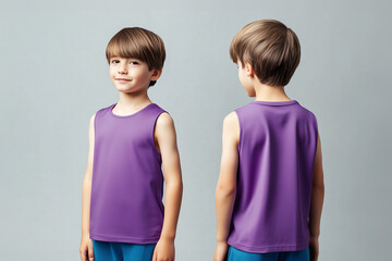 boy wearing a purple sleeveless t-shirt tank top mockup front and back used as a design template