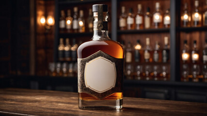 Elegant amber liquor bottle with blank label, displayed on a wooden bar top against a backdrop of a liquor cabinet.