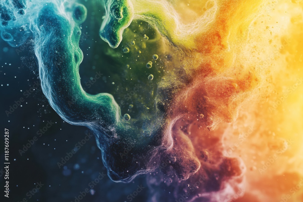 Poster swirling bacteria and microbes create vibrant patterns in a liquid environment rich with color and m