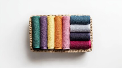 Vibrant rolled towels in a basket on white background
