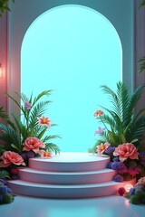 geometric podium platform and plants and flowers. mock up stand for a produc