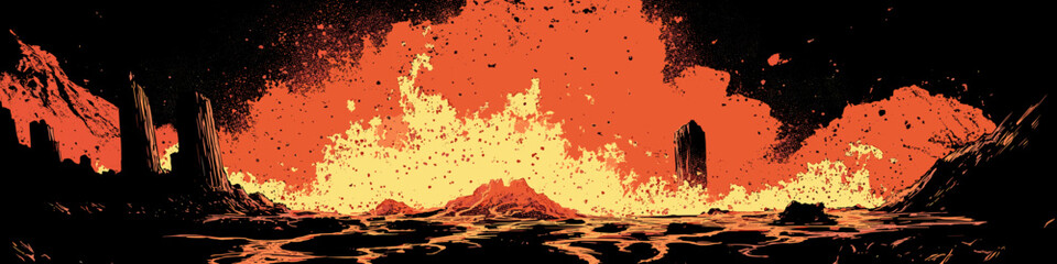 Obraz premium Fiery Volcanic Eruption Landscape with Lava and Ashes at Sunset - Captivating Nature's Fury in Scorching Red and Black Hues Illuminating the Dramatic Horizon