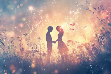 Obraz premium Fabulously magical children's love. A girl and a boy holding hands together. 