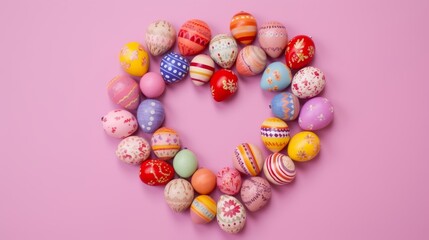 Colorful heart-shaped easter egg arrangement on pink background