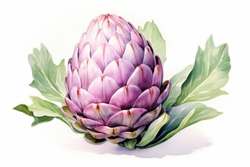 Obraz premium Beautifully detailed artichoke resting on green leaves, showcasing its vibrant purple hues and intricate textures in a captivating composition