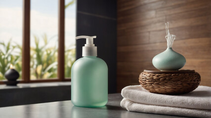 Spa-like bathroom setting with a light teal soap dispenser, a decorative vase, and fluffy towels.  Perfect for relaxation and wellness.