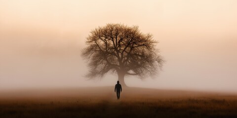 A solitary figure walking towards a leafless tree in a misty landscape symbolizes loneliness, isolation, and the search for meaning in a vast empty space.