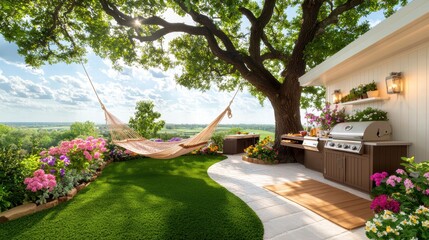 A backyard oasis with a hammock under a tree, a grill station ready for summer BBQs, and blooming flowers creating a lively atmosphere.