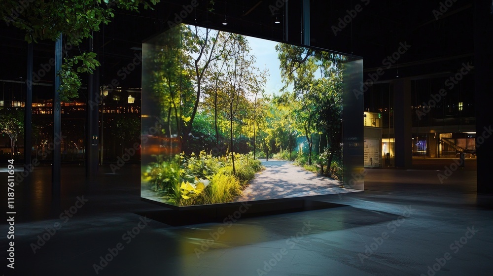 Poster a futuristic display showcases a serene forest scene with a pathway, illuminated in a modern indoor 