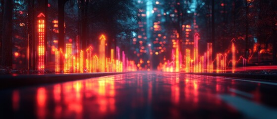 Fototapeta premium A vibrant cityscape with glowing data visualizations on a reflective road.