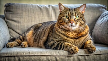 Obraz premium Overweight Cat on Sofa, Displeased Feline, Plump Cat, Fat Cat, Lazy Cat, Angry Cat, Pet Obesity, Chubby Cat, Sofa Cat, Domestic Cat, Big Cat, Cat Sleeping, Cat Body Language